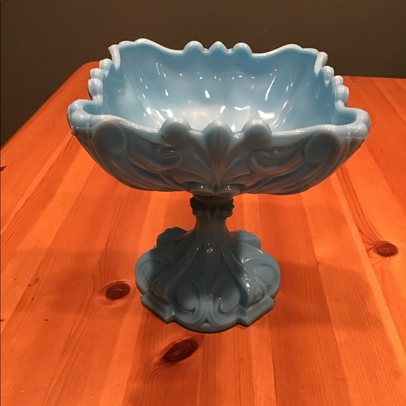 ANTIQUE FRENCH PORTIEUX VALLERYSTHAL BLUE OPALINE GLASS FOOTED COMPOTE GLOWY! - Picture 4 of 16